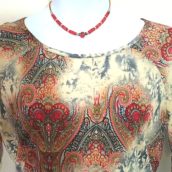 Top short sleeves stretchy paisley scroll print pullover brown cream red - Picture 2 of 7